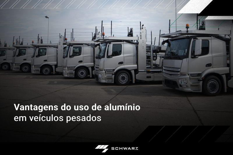 Foto de caminhões, está escrito "vantagens do uso de alumínio em veículos pesados"